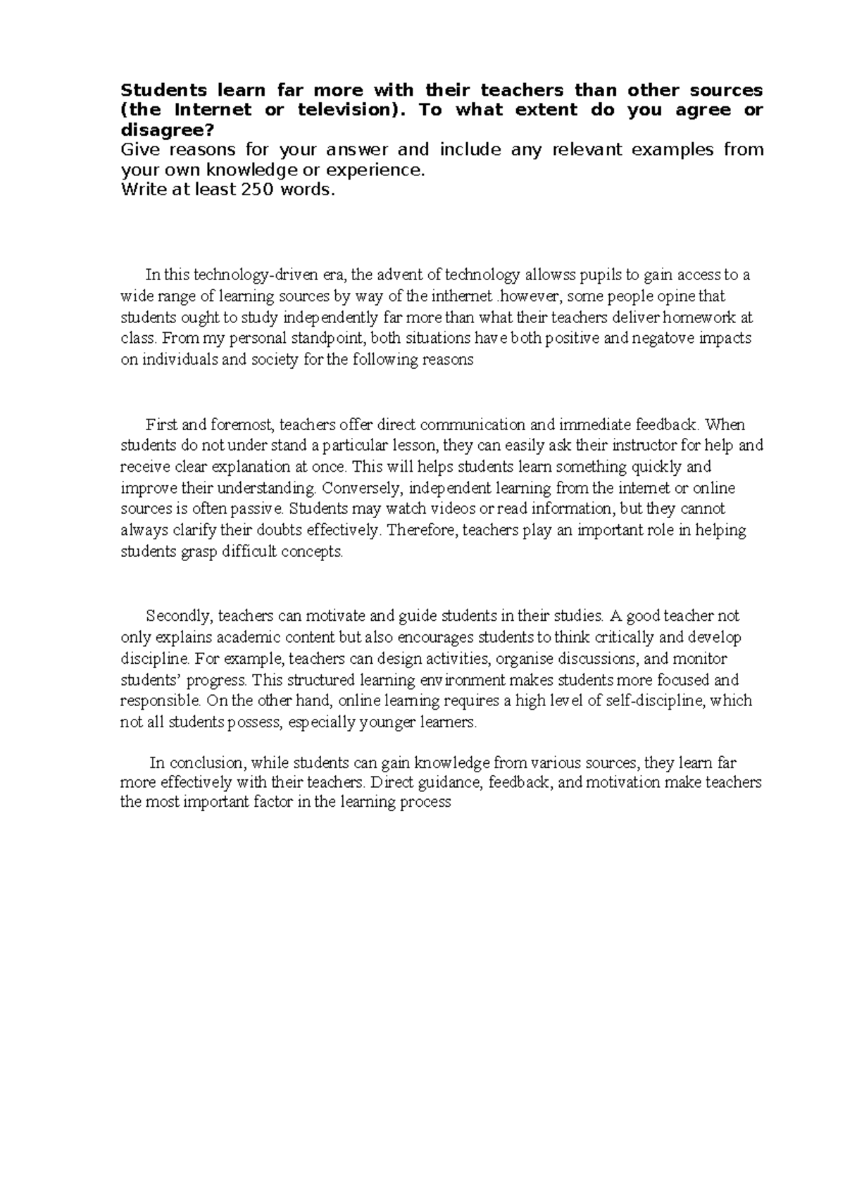 Essay 2 - The Role of Teachers vs. Online Learning in Education - Studocu