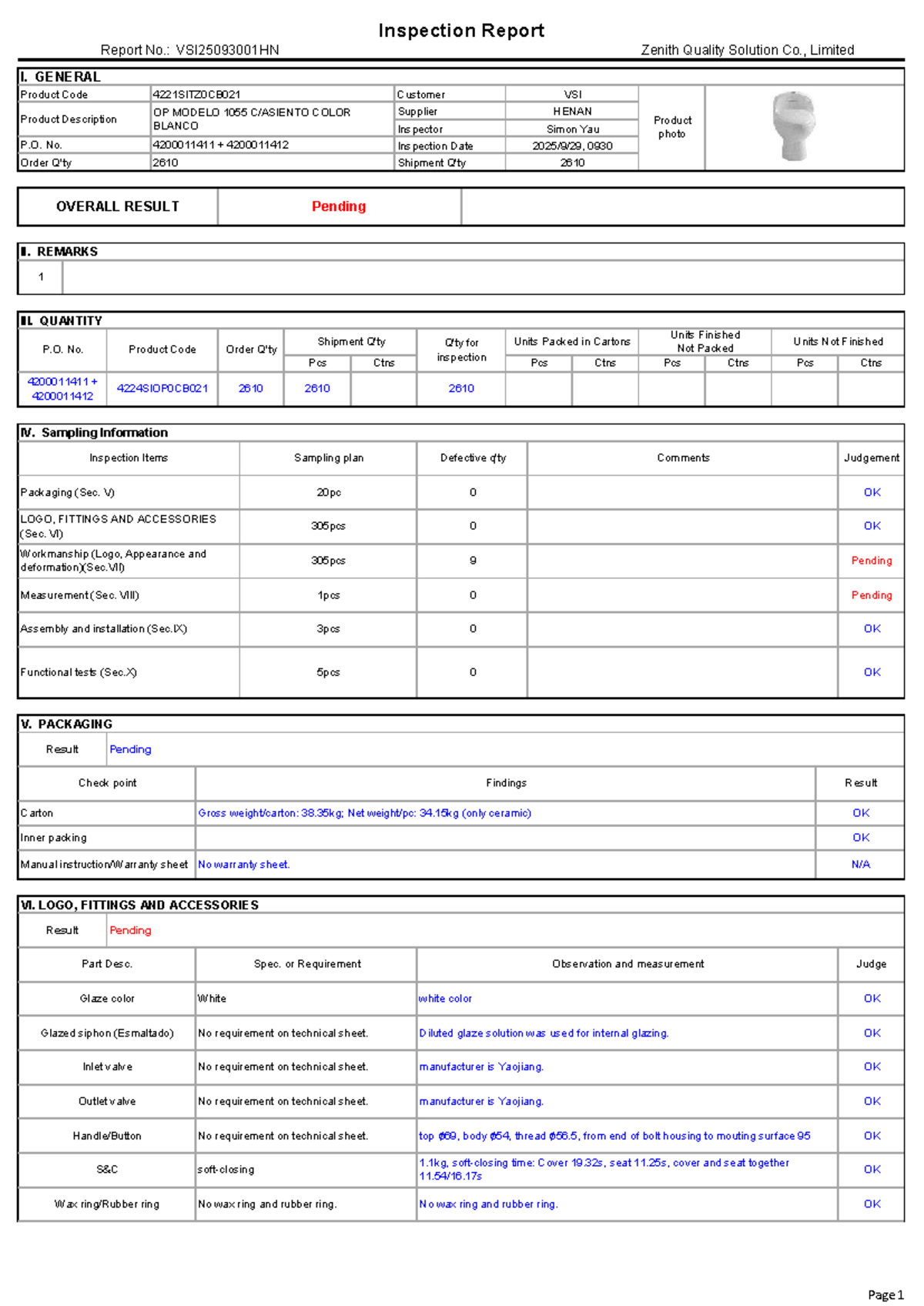 VSI25093001HN Inspection Report for OP MODELO 1055 Quality Assessment ...
