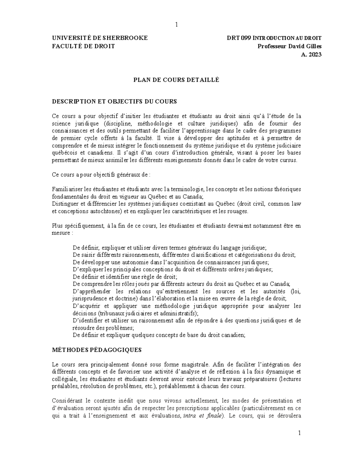 DRT 099 Plan de Cours : Introduction au Droit 2023 - Studocu