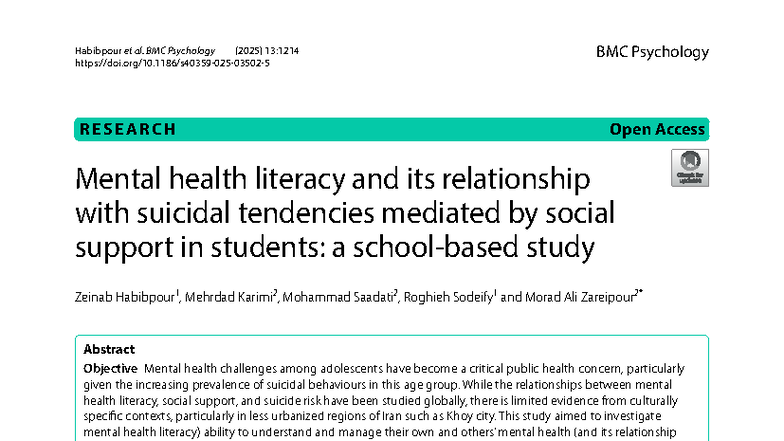 Mental Health Literacy and Suicidal Tendencies in Students: A Study ...
