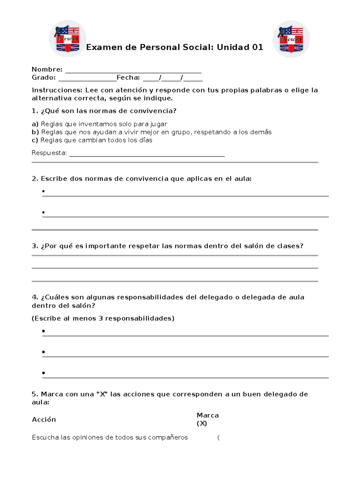Examen de Personal Social: Unidad 01 - Normas de Convivencia y ...