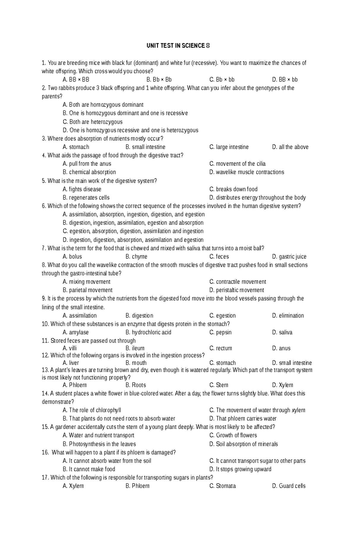 UNIT TEST IN SCIENCE 8: Genetics and Digestive System Concepts - Studocu