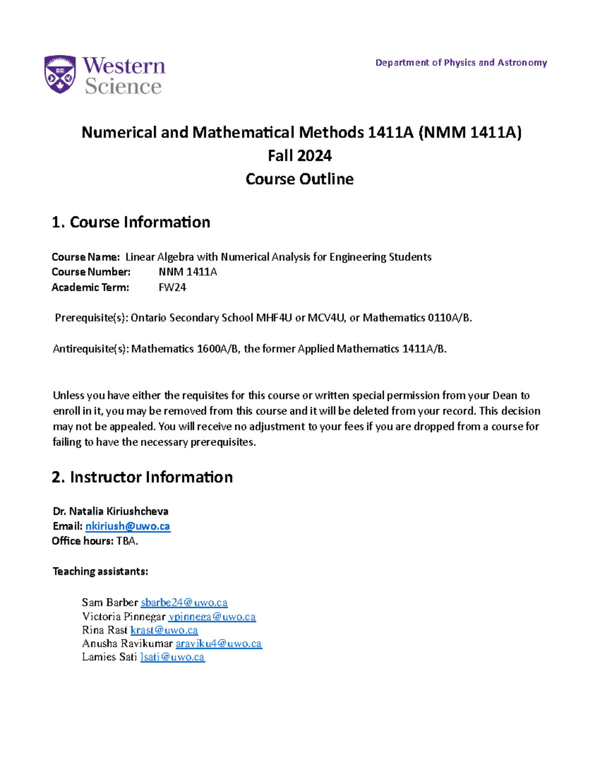 NMM 1411A Fall 2024 Course Outline: Linear Algebra & Numerical Analysis ...