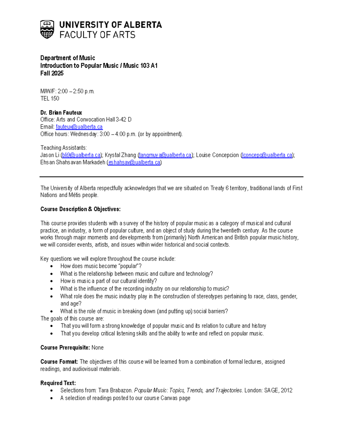 Music 103 A1: Introduction to Popular Music - Fall 2025 Syllabus - Studocu