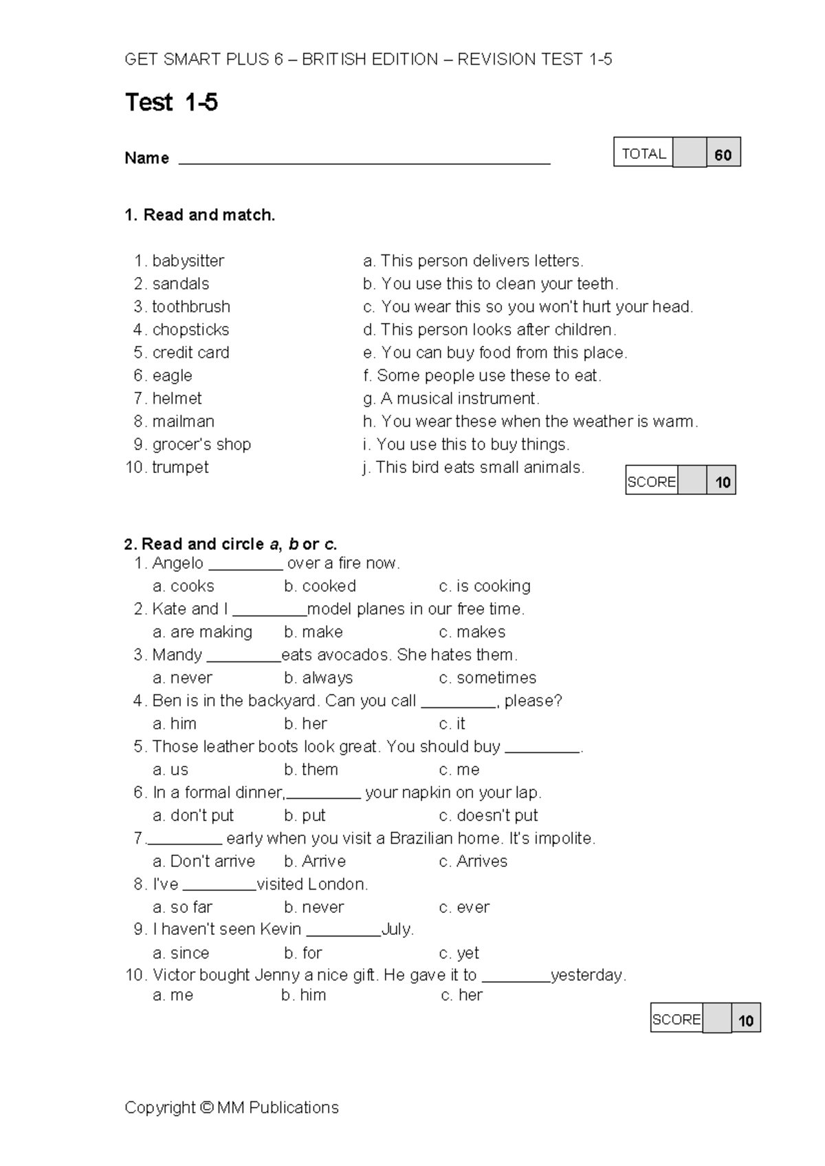 British TEXT EX - práctica - Test 1- Name 1. Read and match. 1 ...