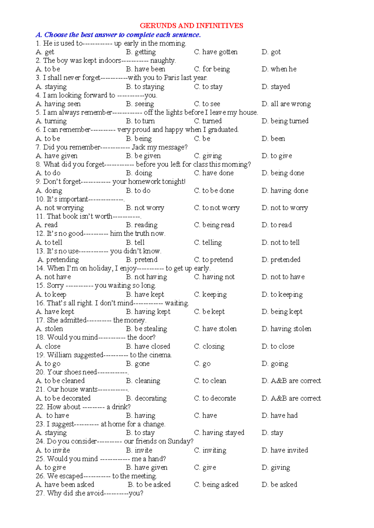 GER 101: Gerunds and Infinitives Practice Questions - Studocu