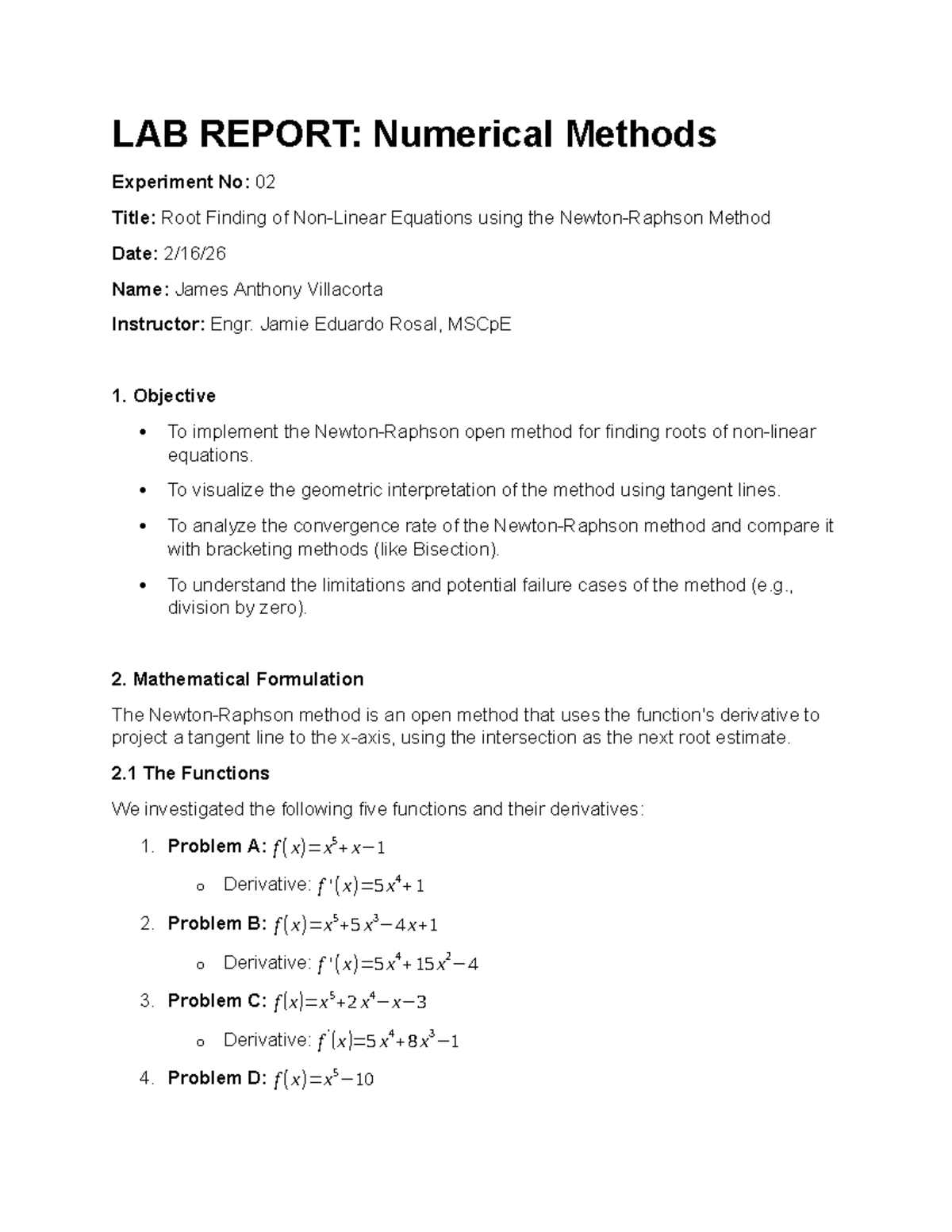 LAB REPORT: Numerical Methods Experiment No. 02 - Root Finding ...