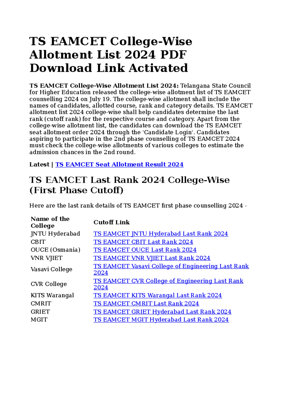 TS EAMCET College-Wise Allotment List 2024: Download & Details - Studocu