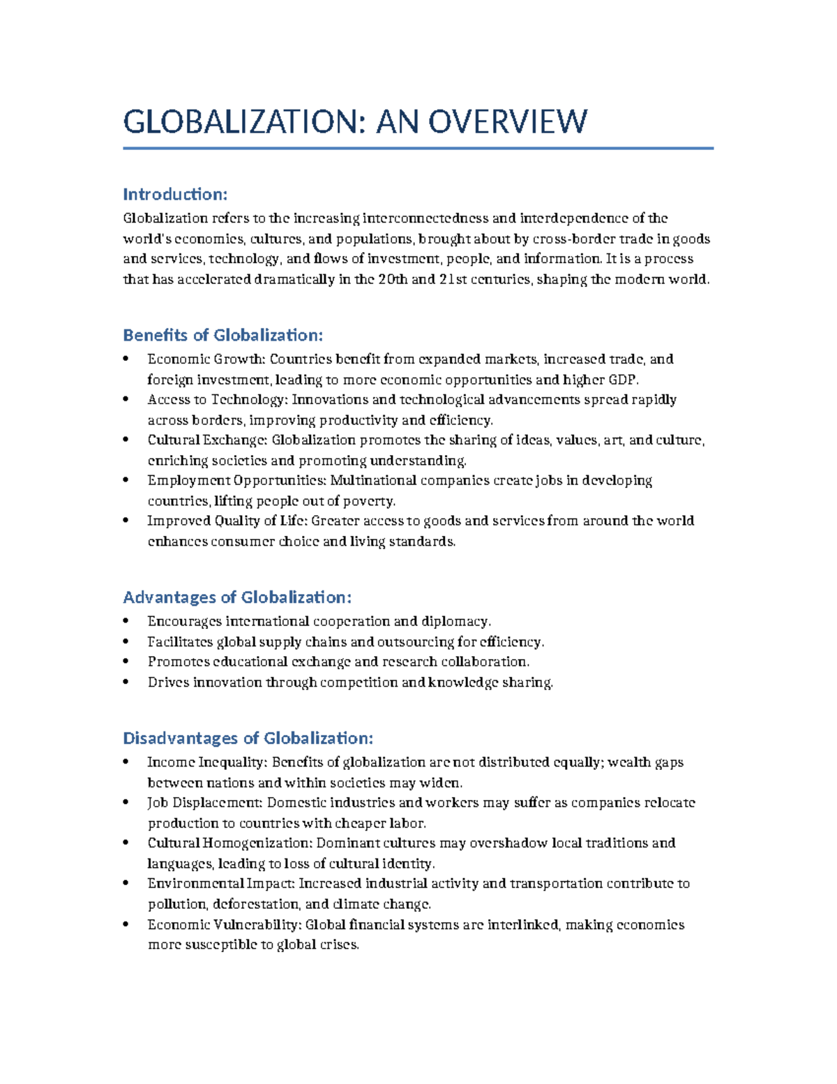 GLOBALIZATION: AN OVERVIEW - Key Benefits and Challenges - Studocu
