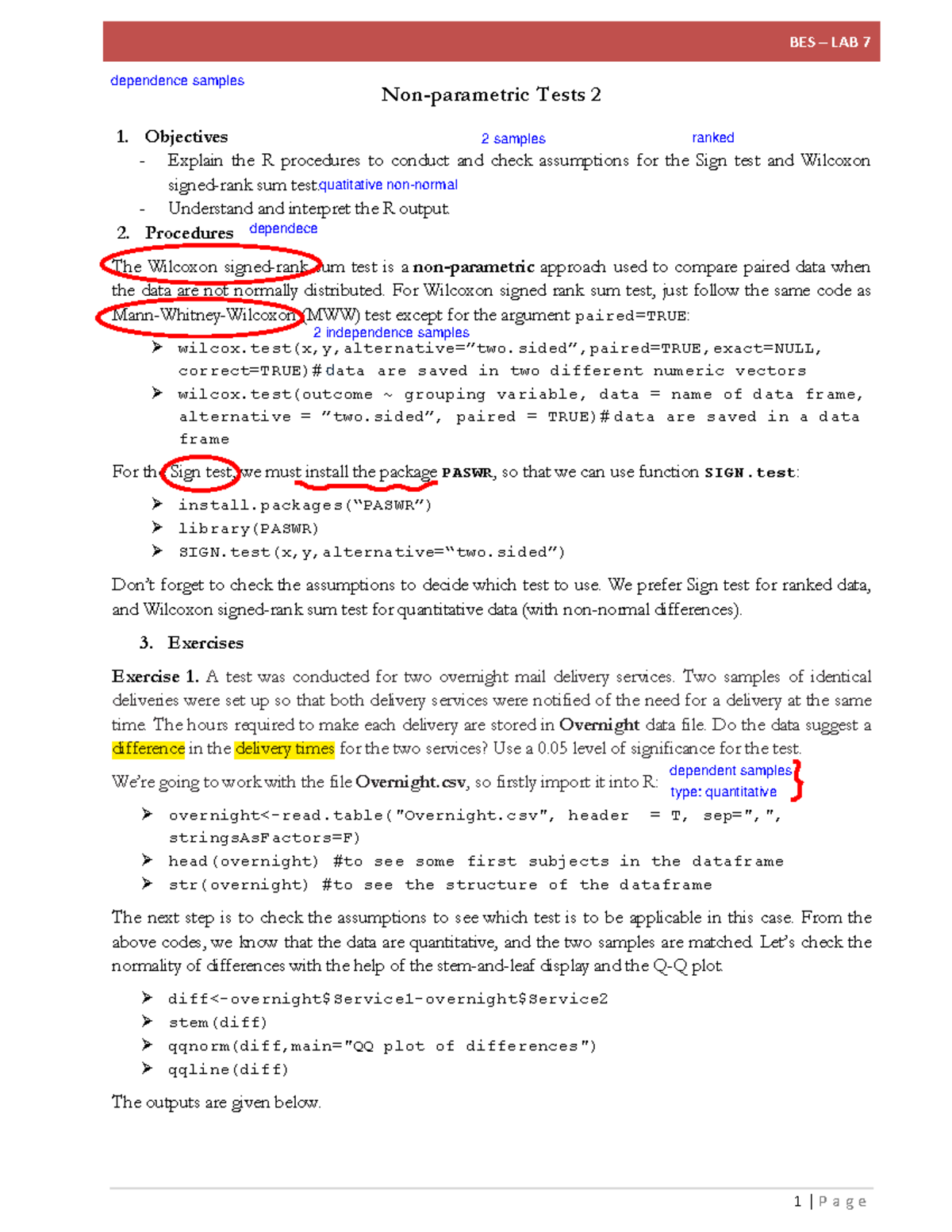 BES - R Lab 7 - lecture note - Non-parametric Tests 2 1. Objectives ...