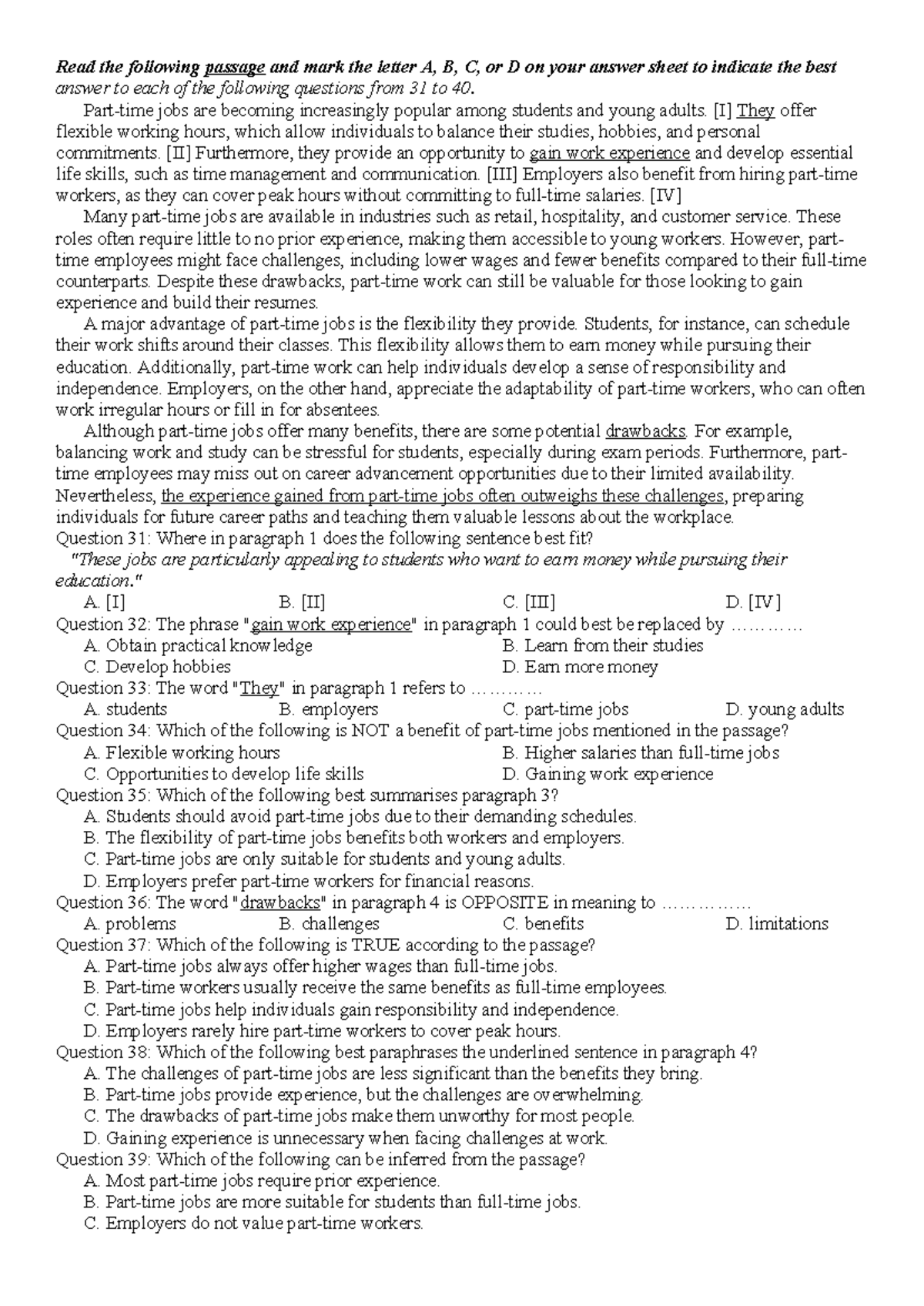 Ôn Reading: Part-time Jobs for Students - Q31 to Q40 Analysis - Studocu