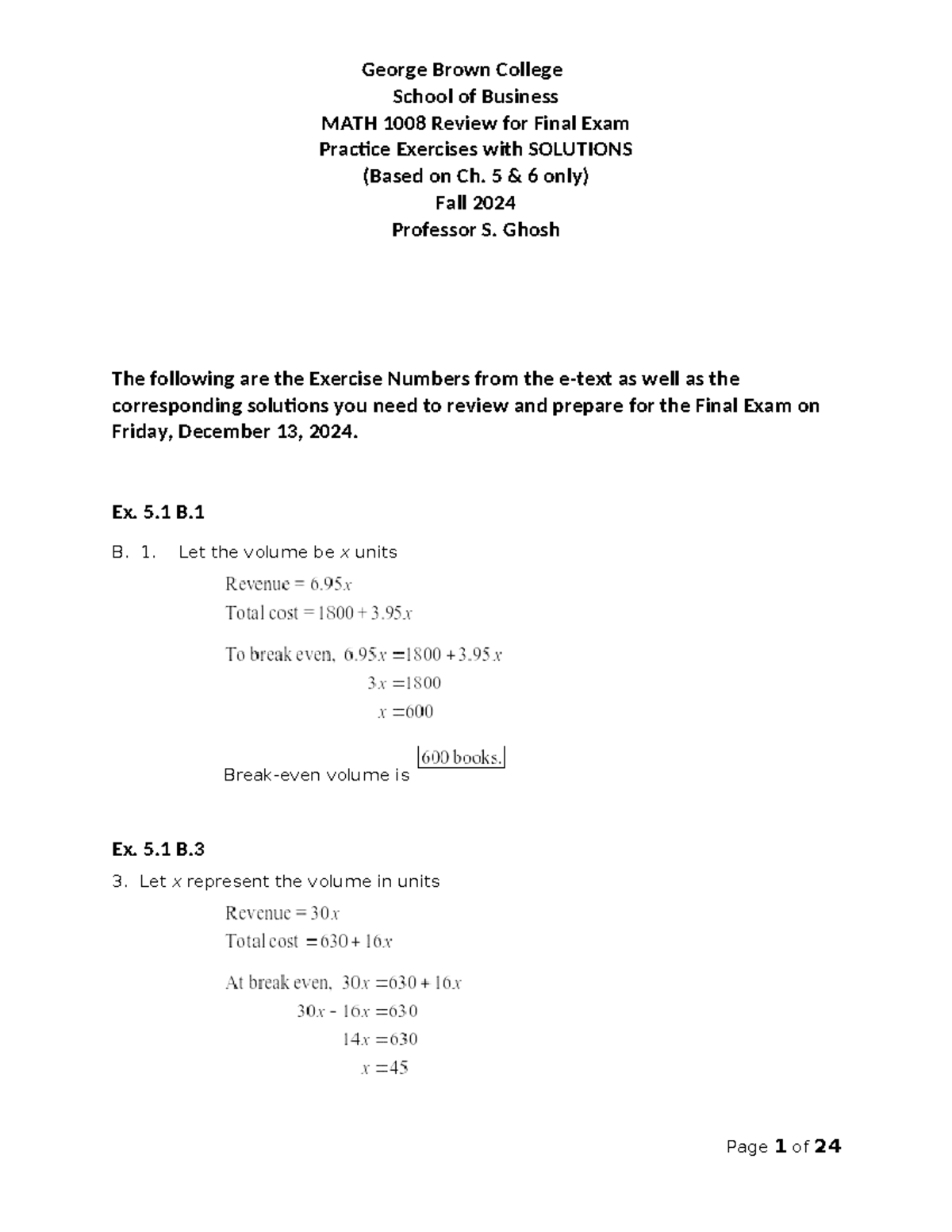 MATH 1008 Final Exam Review Solutions (Ch. 5 & 6) Fall 2024 - Studocu
