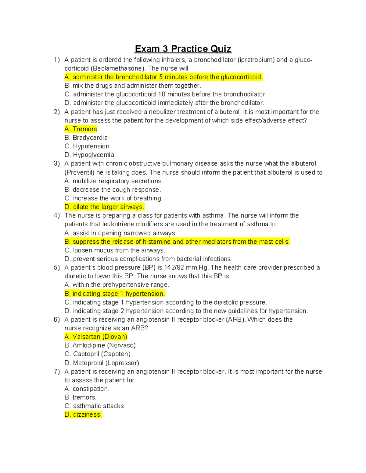 NUR170 Exam 3 Practice Quiz Answer Key and Review Notes - Studocu
