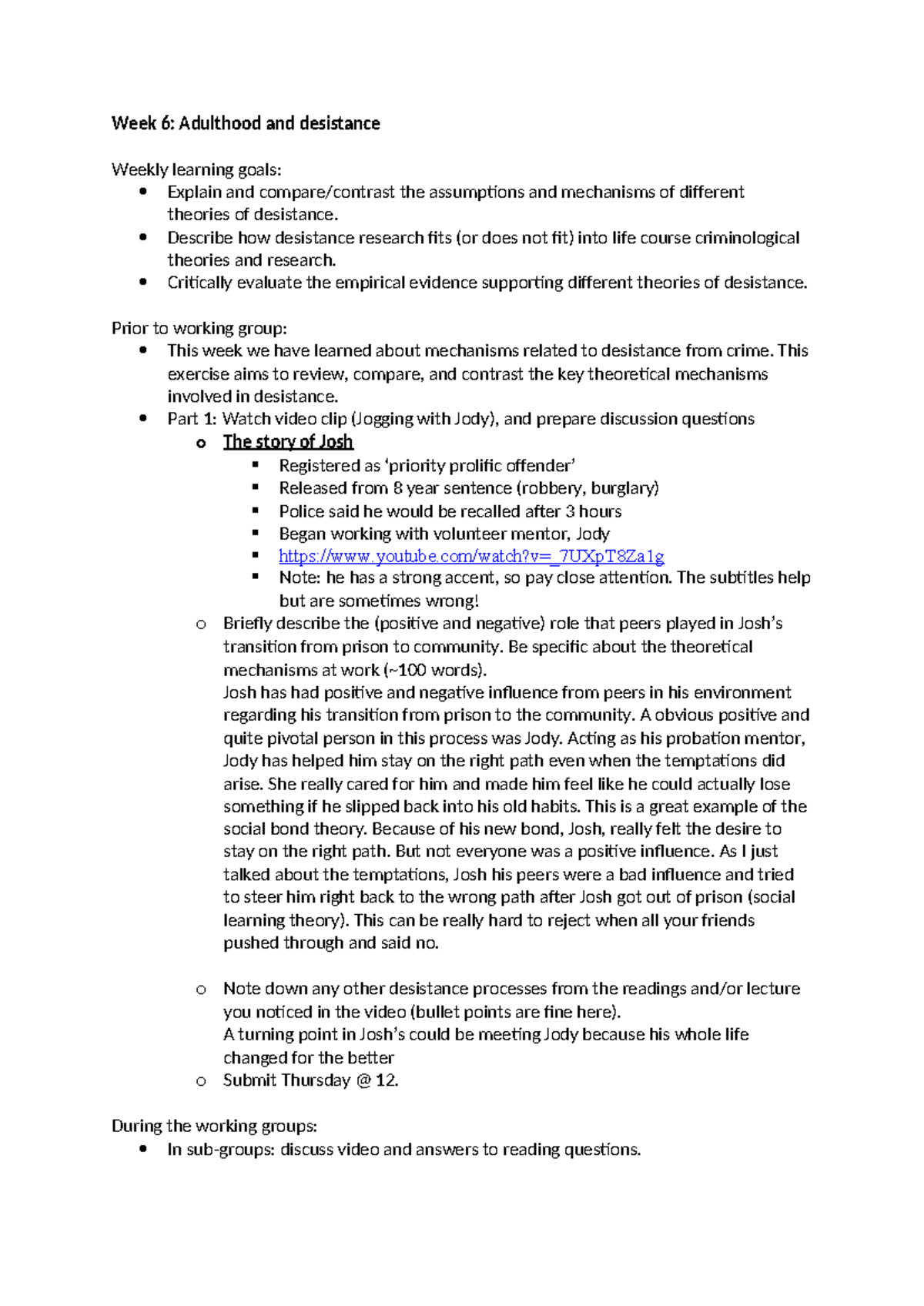 Week 7 Working Group Exercise: Desistance Theories and Josh's Journey ...