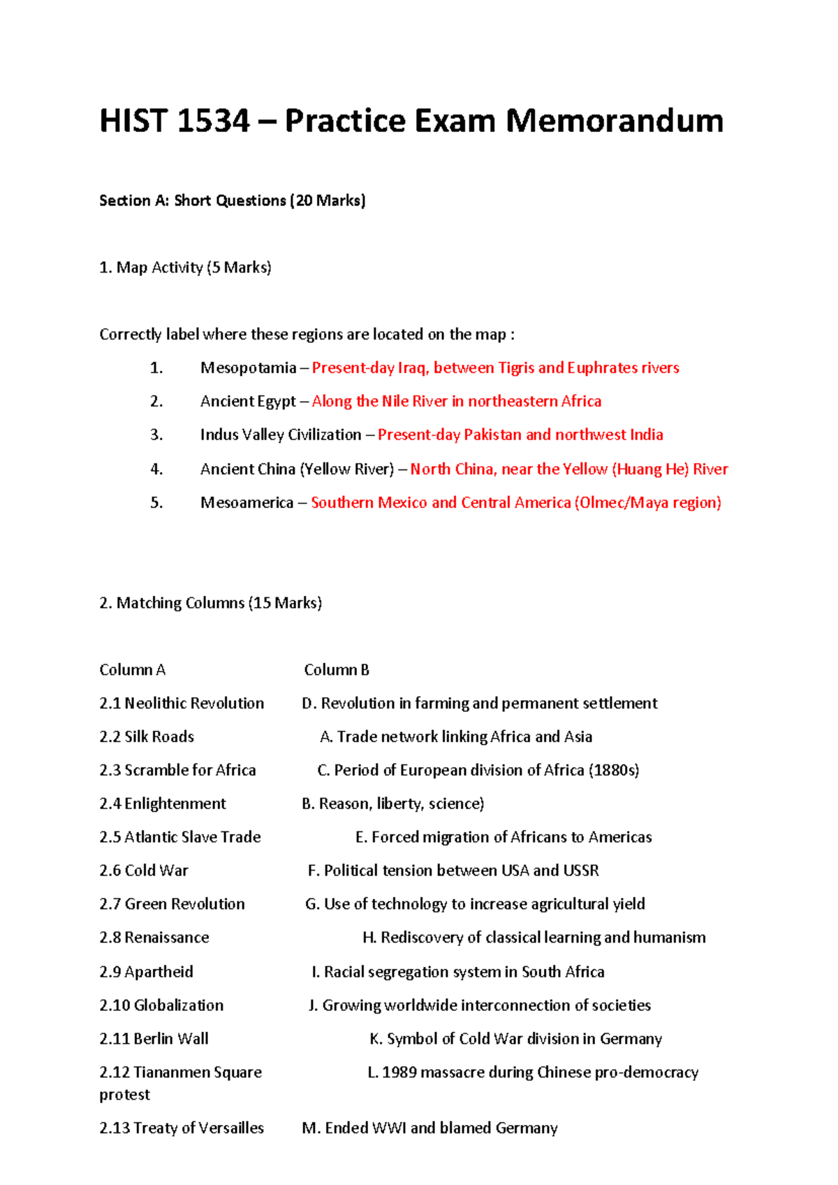 HIST 1534 Practice Exam: Short Questions & Definitions Overview - Studocu