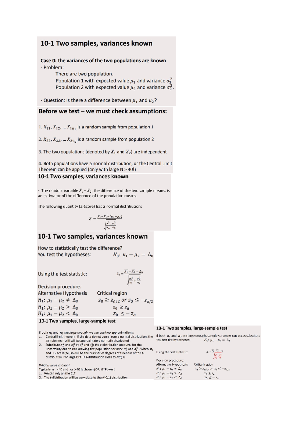 Theory Chapter 10 - Two Samples with Known Variances Analysis - Studeersnel