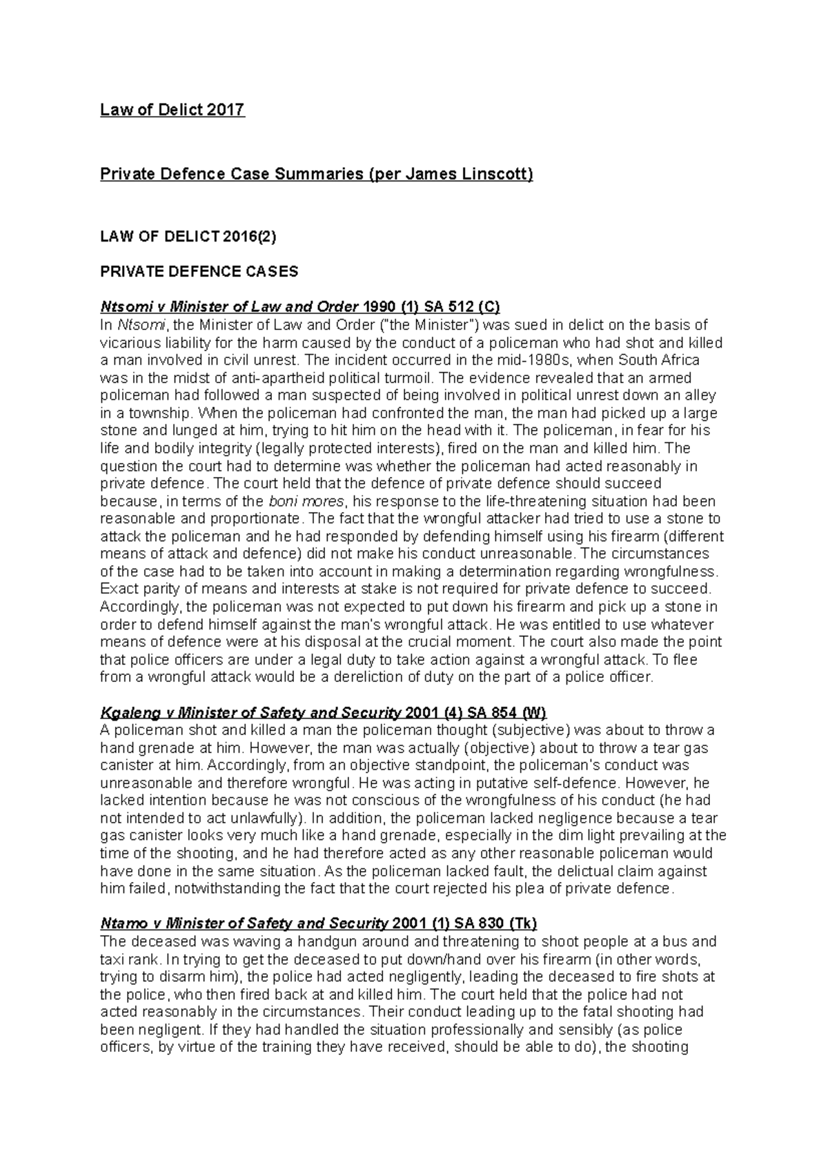 Private Defence Case Summaries 2017 JL-2: Key Insights from Law of ...