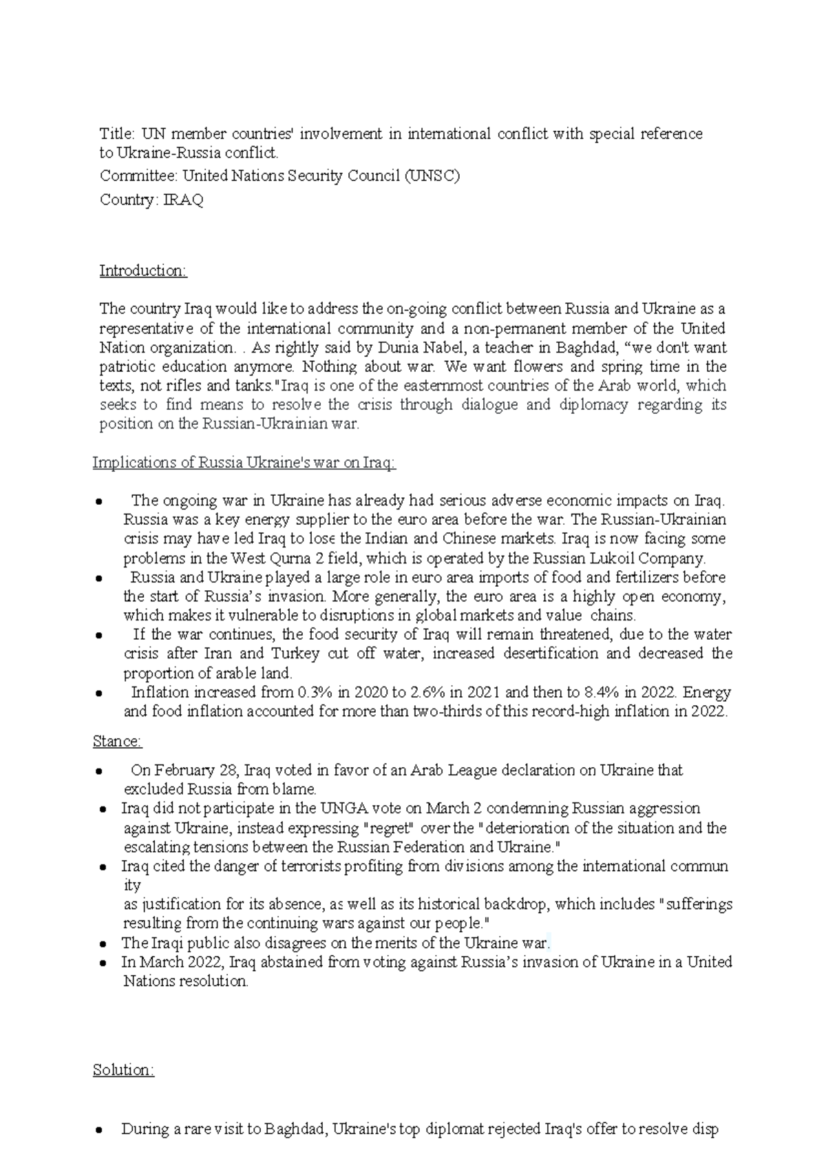 UNSC Position Paper: Iraq's Perspective on the Russia-Ukraine Conflict ...
