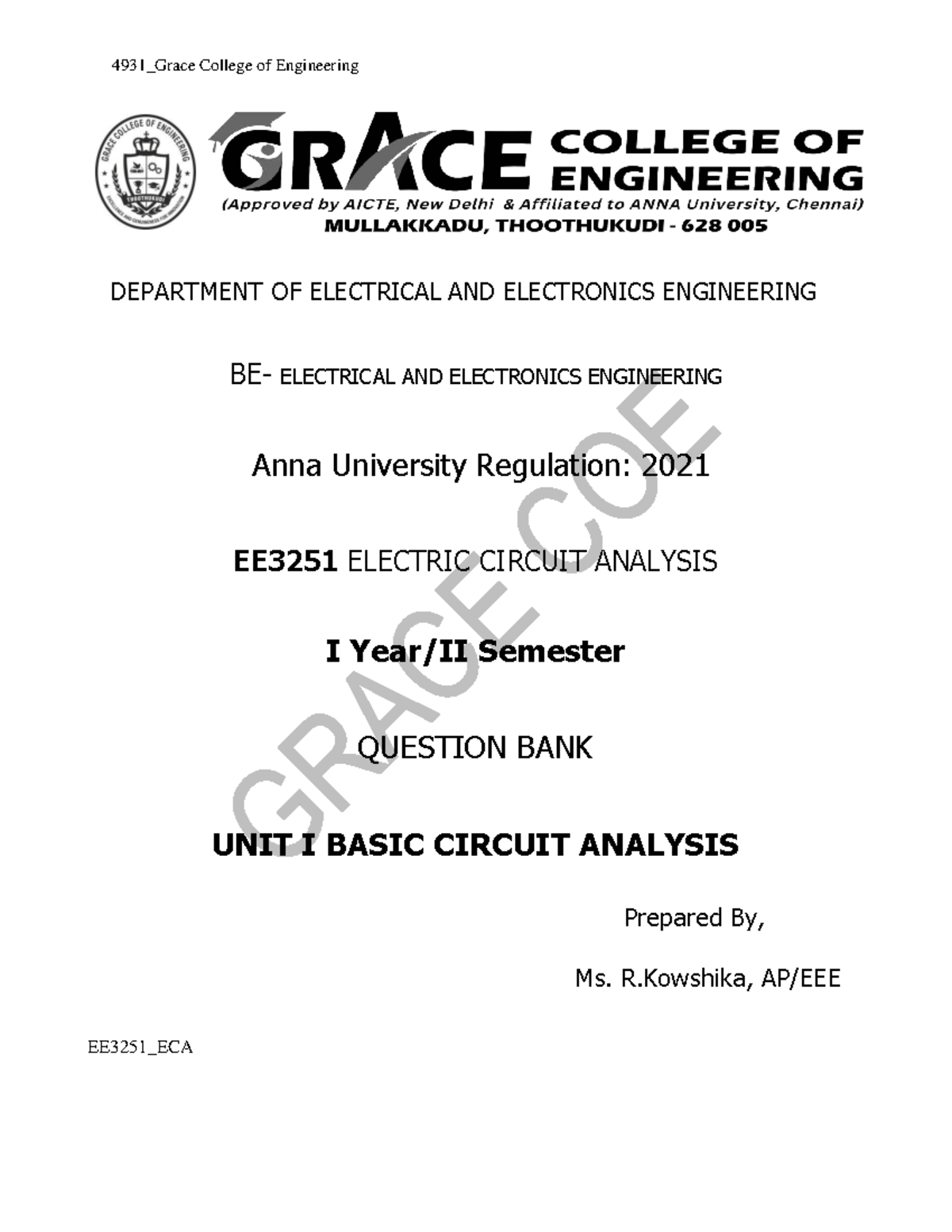 EE3251_ECA Unit I Question Bank: Basic Circuit Analysis - Studocu