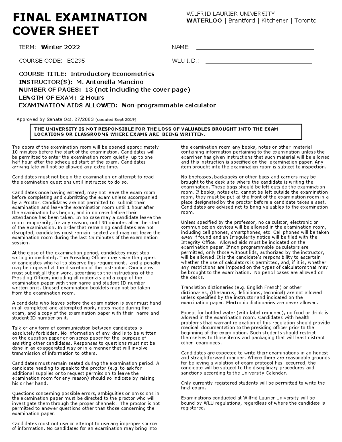 EC295 Winter 2022 Final Exam Cover Sheet and Instructions - Studocu