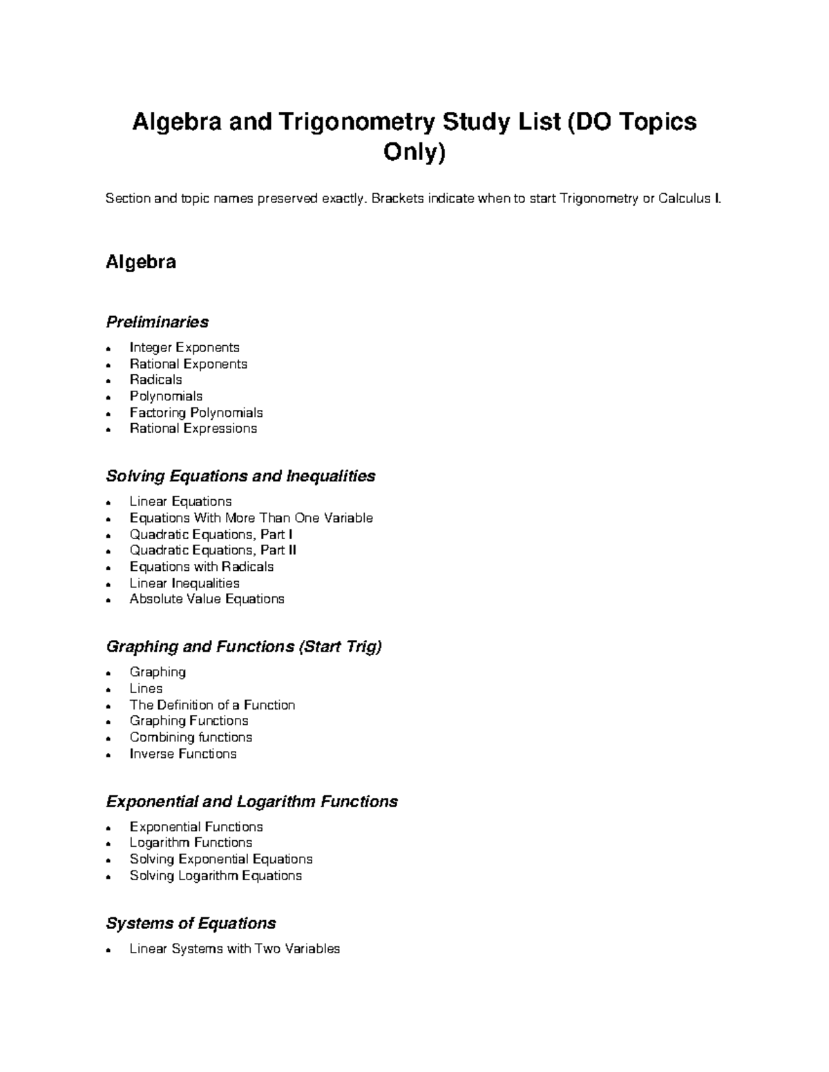 Algebra & Trigonometry Study List (Precalc Topics Only) - Studocu