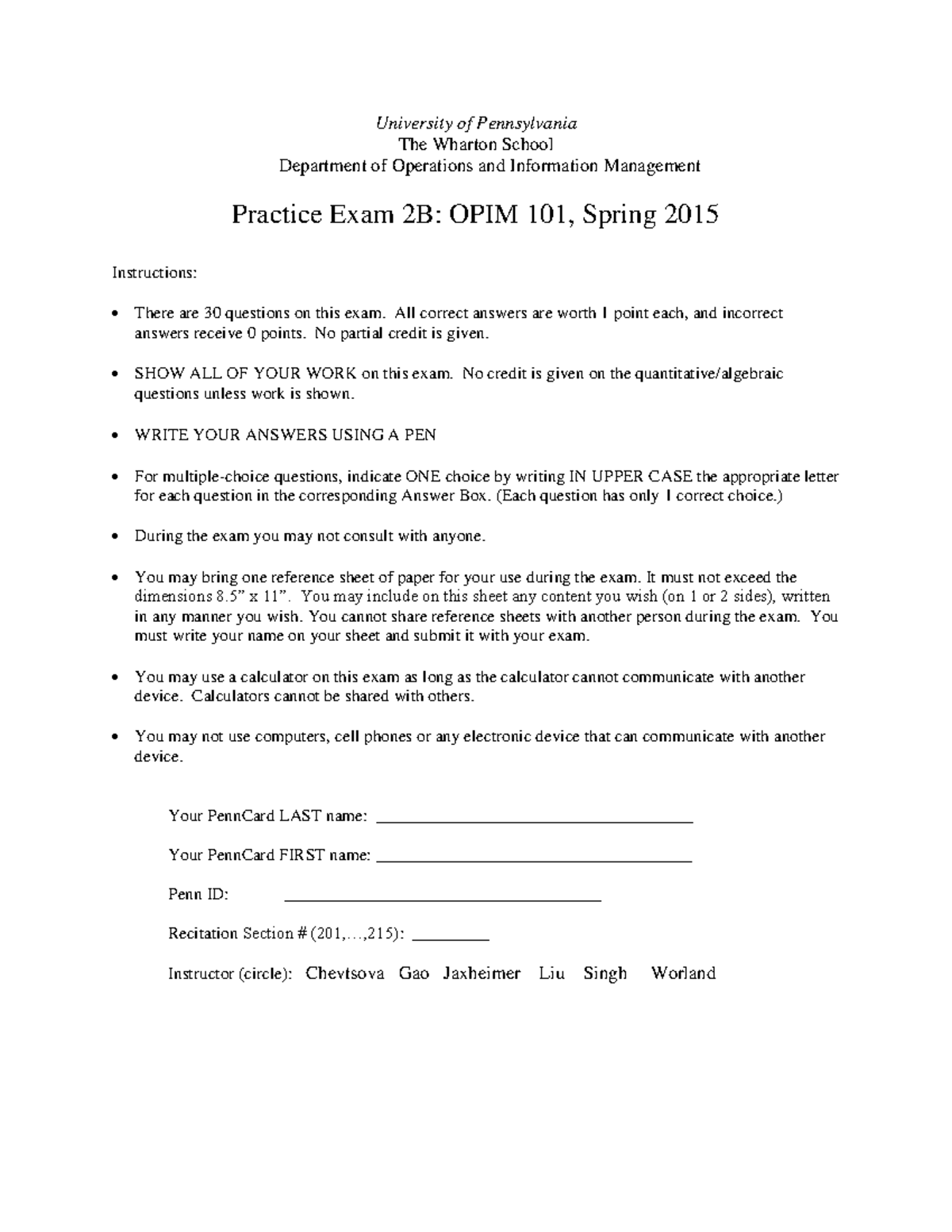 OPIM 101 Spring 2015 Practice Exam 2B Solutions Overview - Studocu