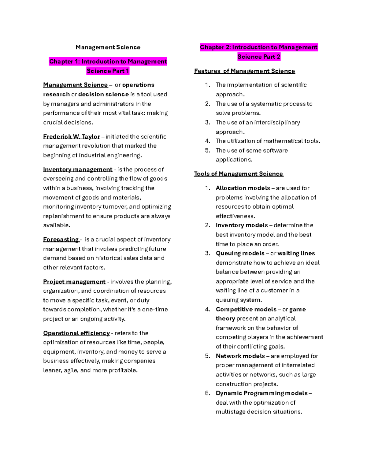 Management Science Midterms Reviewer - Management Science Chapter 1 ...
