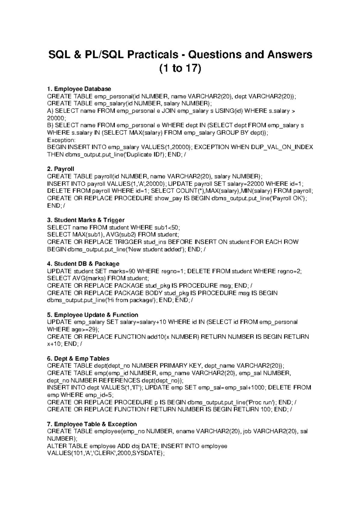 SQL PL/SQL Practicals: Questions & Answers (1-17) - Studocu