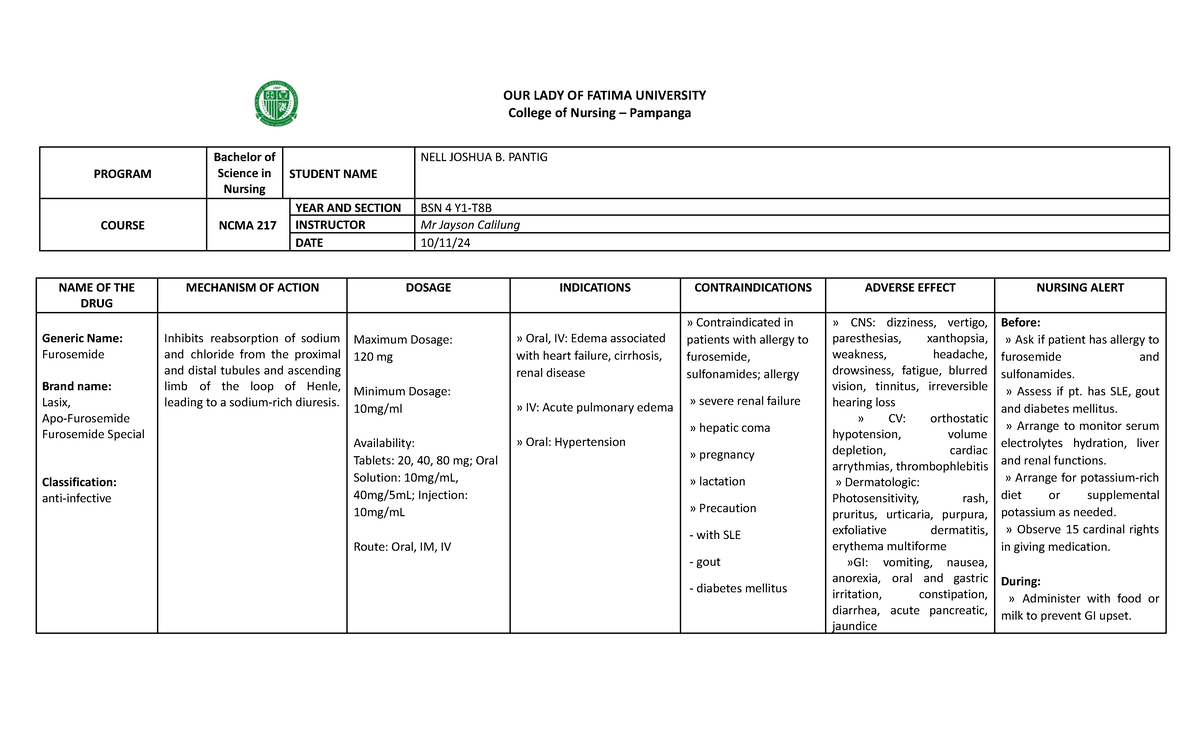 Drug-Study-Activity-Furosemide - OUR LADY OF FATIMA UNIVERSITY College ...