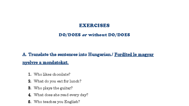 Exercises: DO/DOES Questions and Translations - Studocu