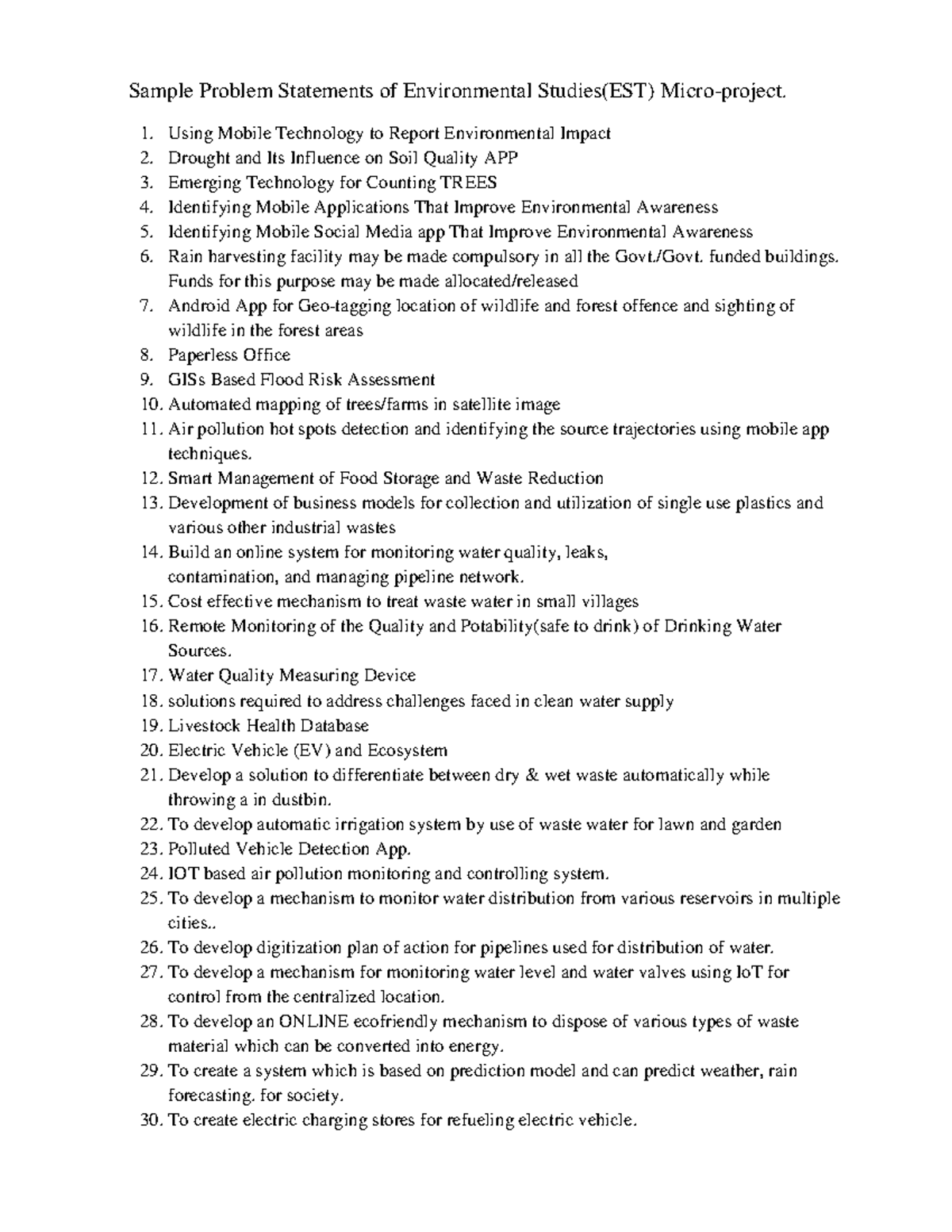 EST Microproject - Sample Problem Statements of Environmental Studies ...
