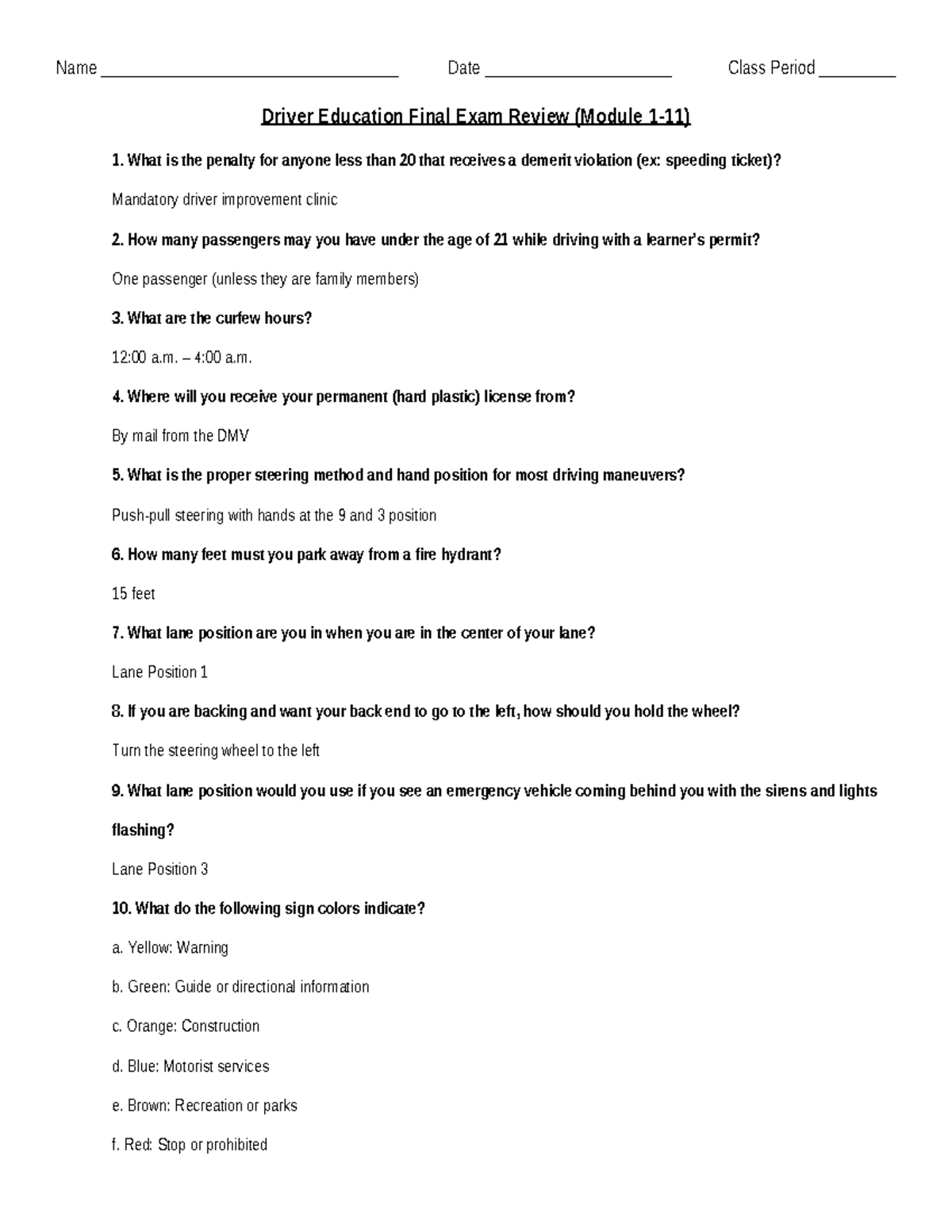 Driver Education (DE 101) Final Exam Review Notes - Studocu