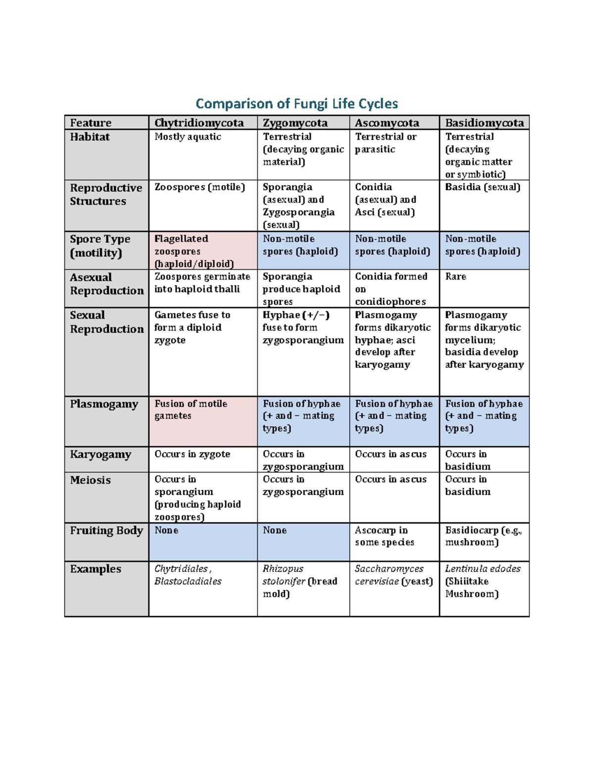 Fungi Life Cycle Comparison - Comparison of Fungi Life Cycles Feature ...