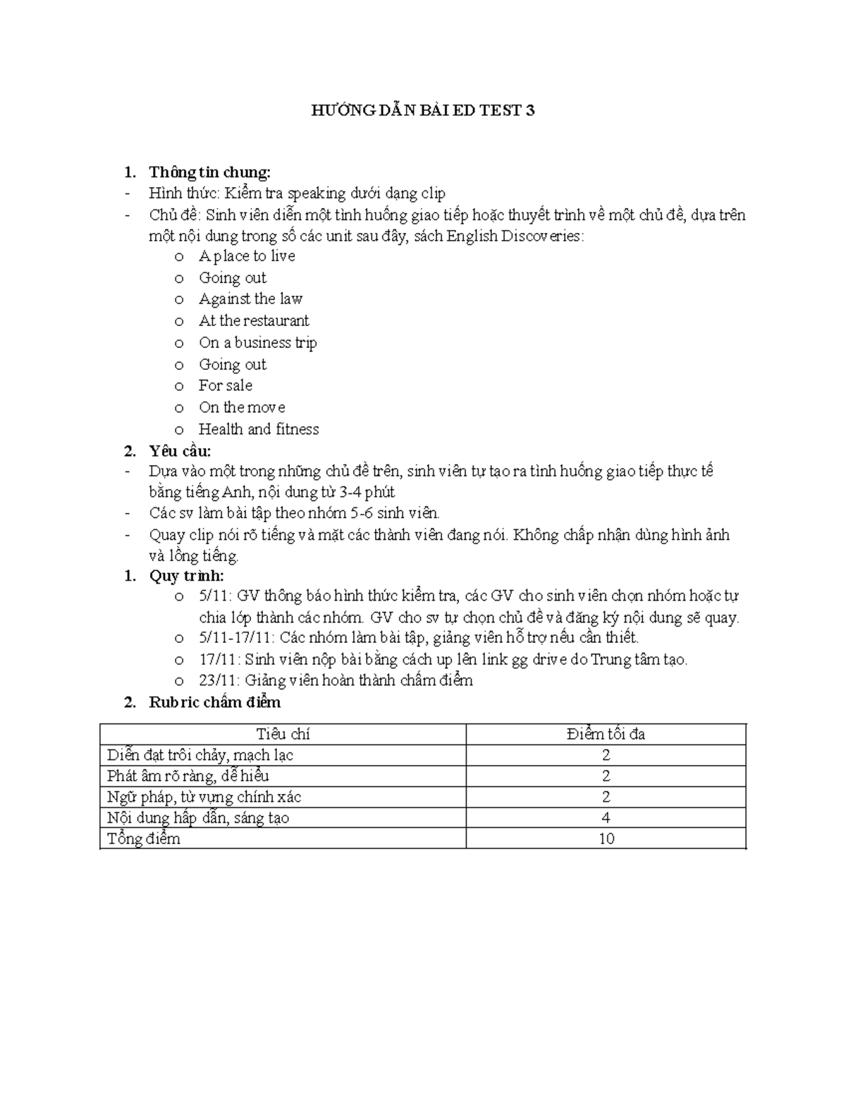 Hướng Dẫn Làm Bài ED TEST 3: Quay Clip Giao Tiếp - Course 1 - Studocu