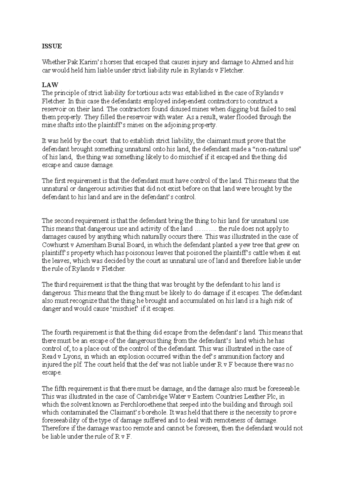 Strict Liability in Tort Law: Analysis of Rylands v Fletcher - Tort 2 ...