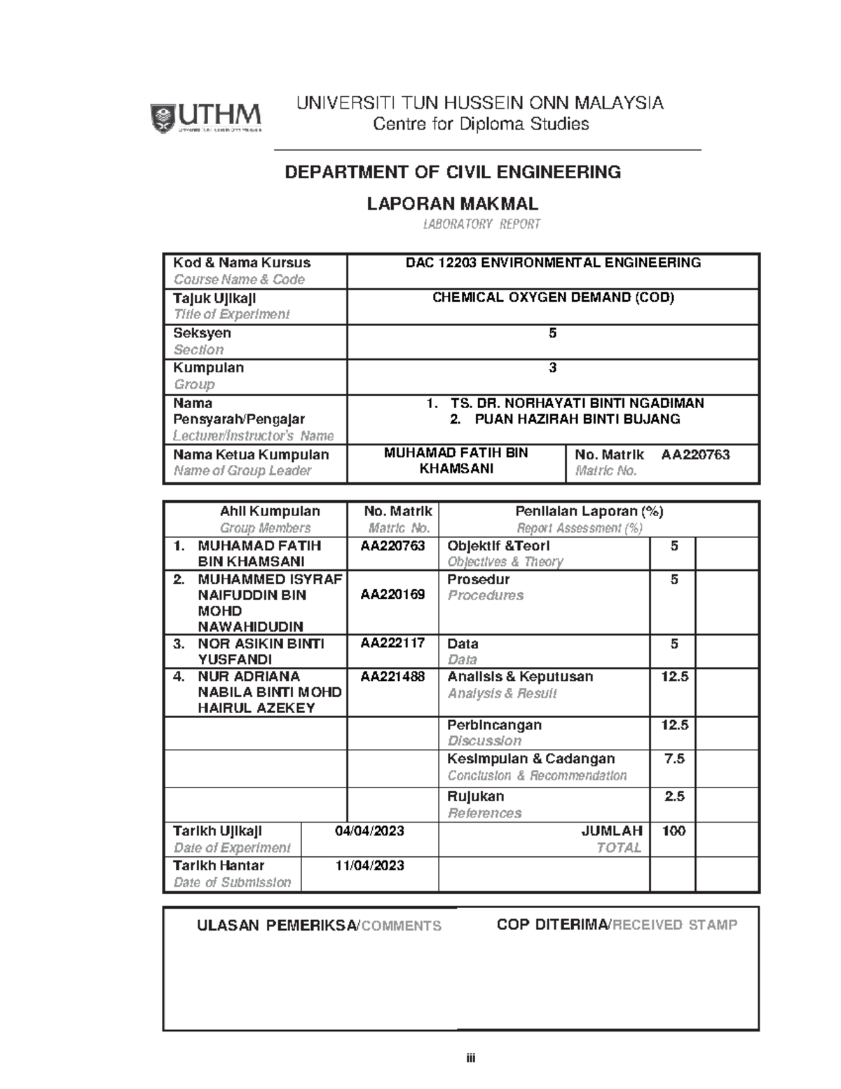DAC 12203 Environmental Engineering: COD Lab Report Submission - Studocu