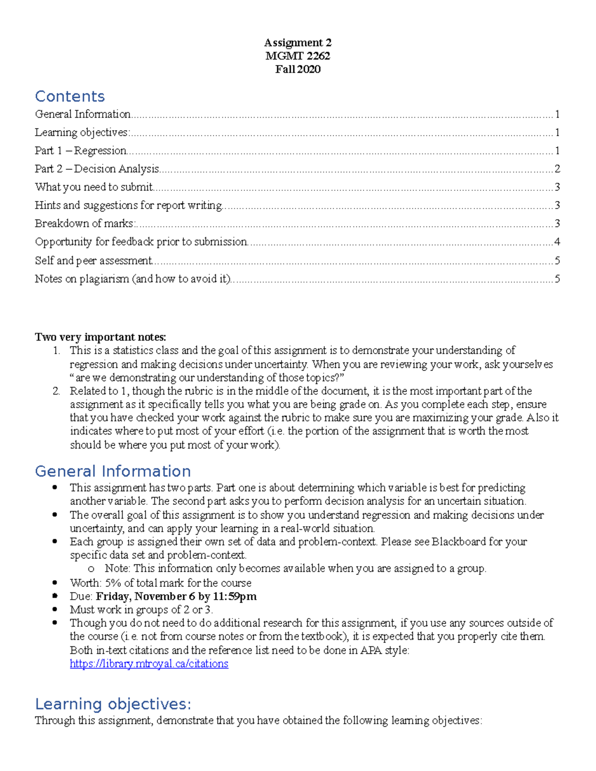 MGMT 2262 Assignment 2: Understanding Regression & Decision Analysis ...