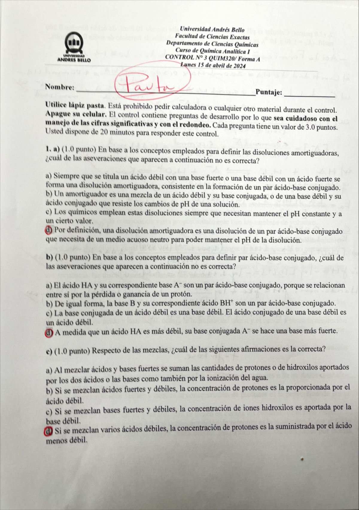 Pautas y Controles: Química Analítica I - Control 3 y 4, Formas A y C - Document Preview