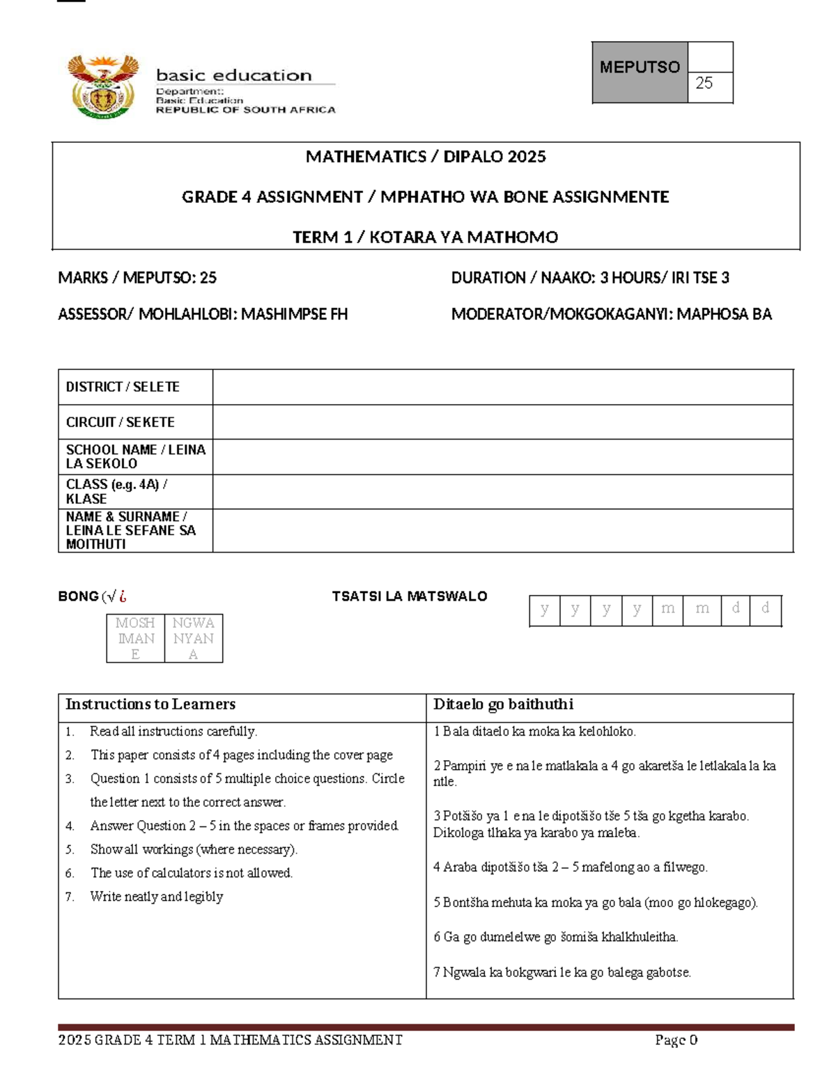 2025 GRADE 4 TERM 1 MATHEMATICS ASSIGNMENT - Studocu