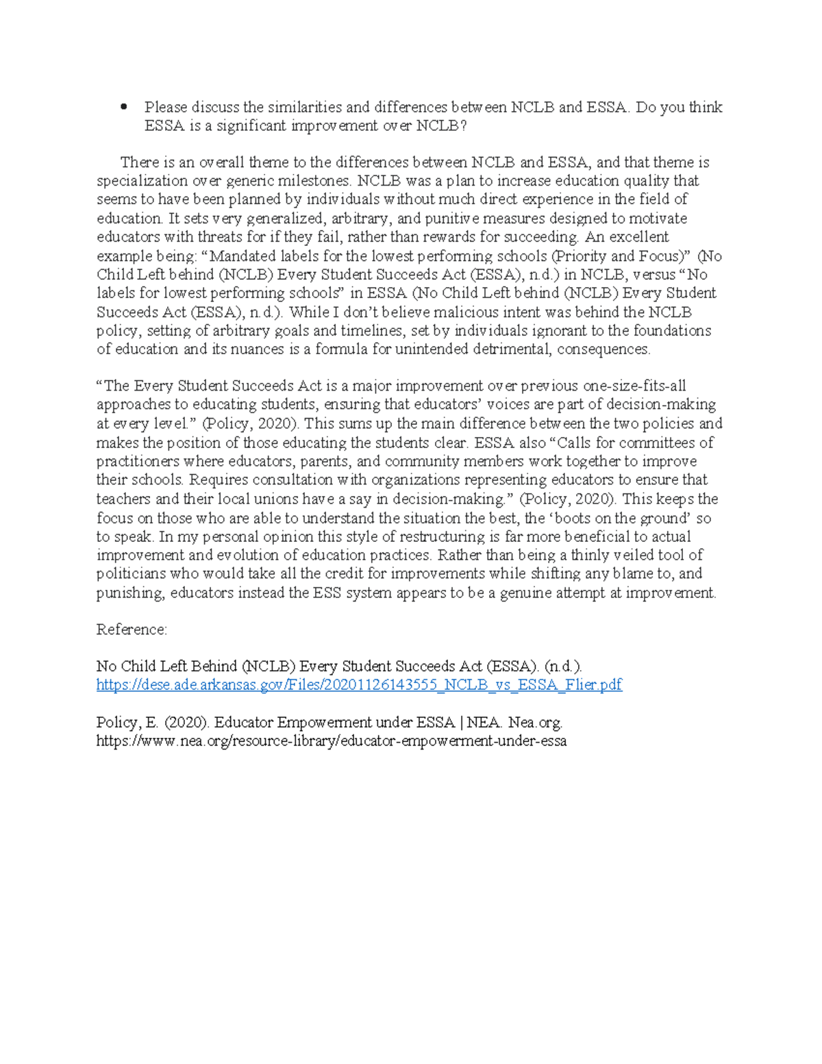 PSY 201 Disc 1 - NCLB vs ESSA: Key Differences and Improvements - Studocu