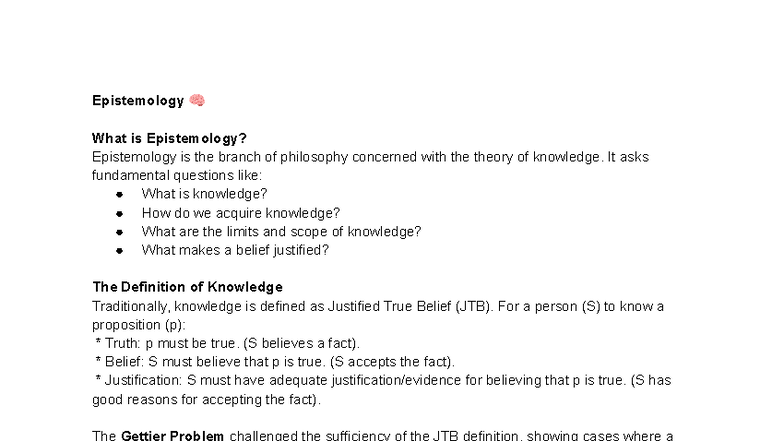 Epistemology: Key Concepts and Debates in Knowledge Theory - Studocu