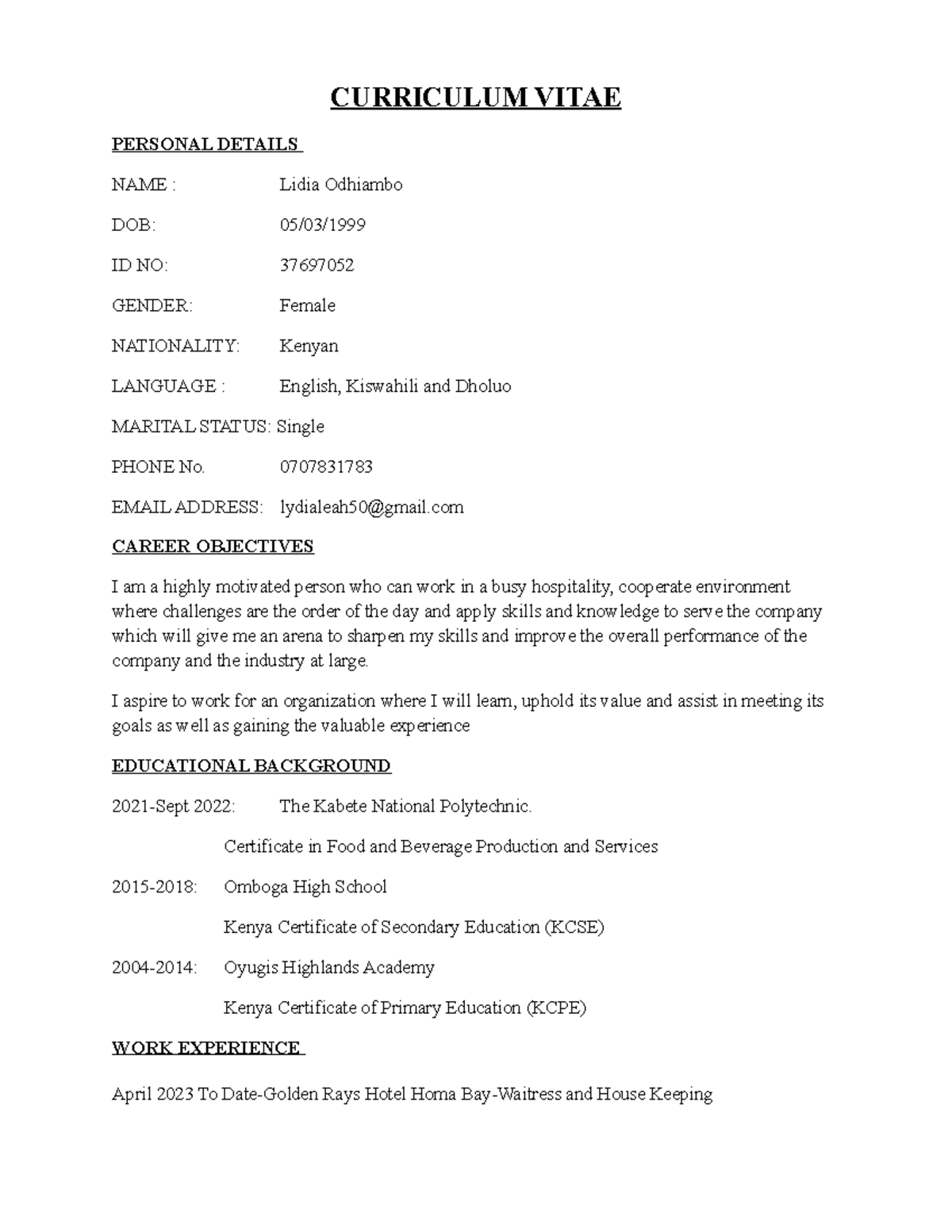 Lydia Odhiambo CV - Updated Details for Job Applications - Studocu