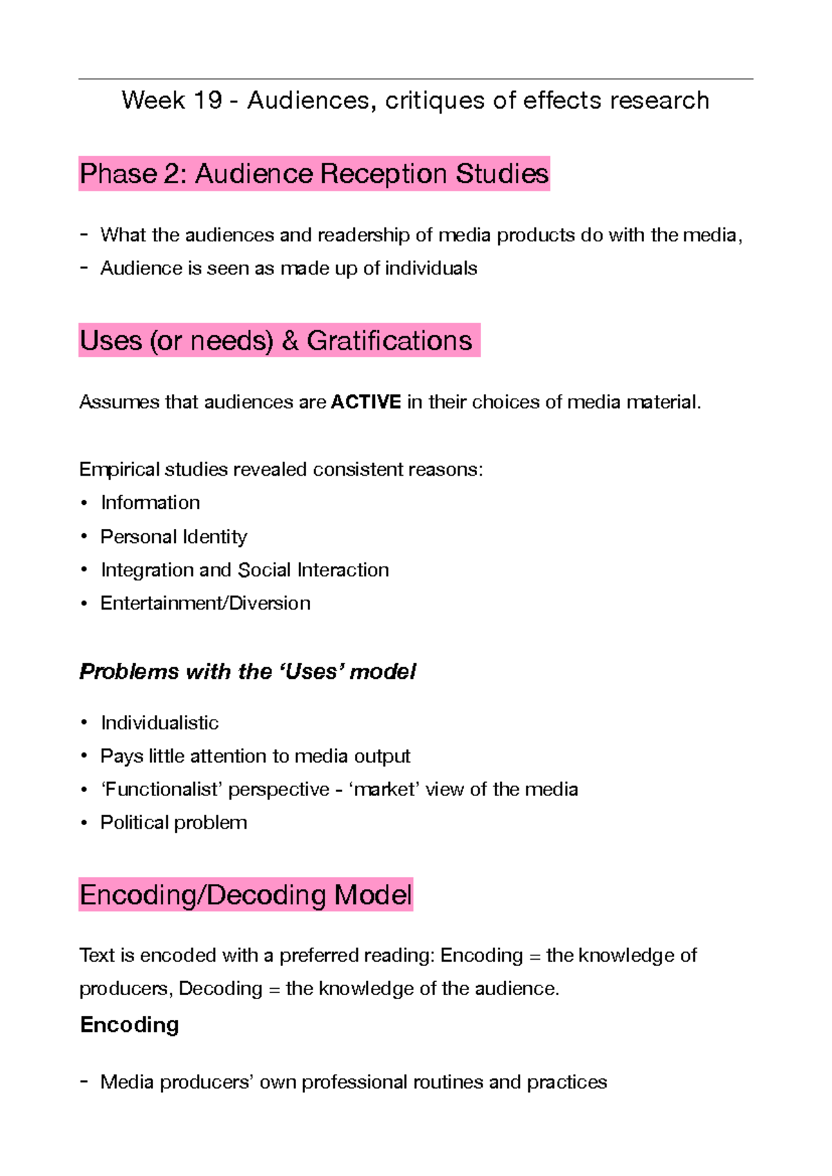 Week 19 lecture notes - media effects research - Week 19 - Audiences ...