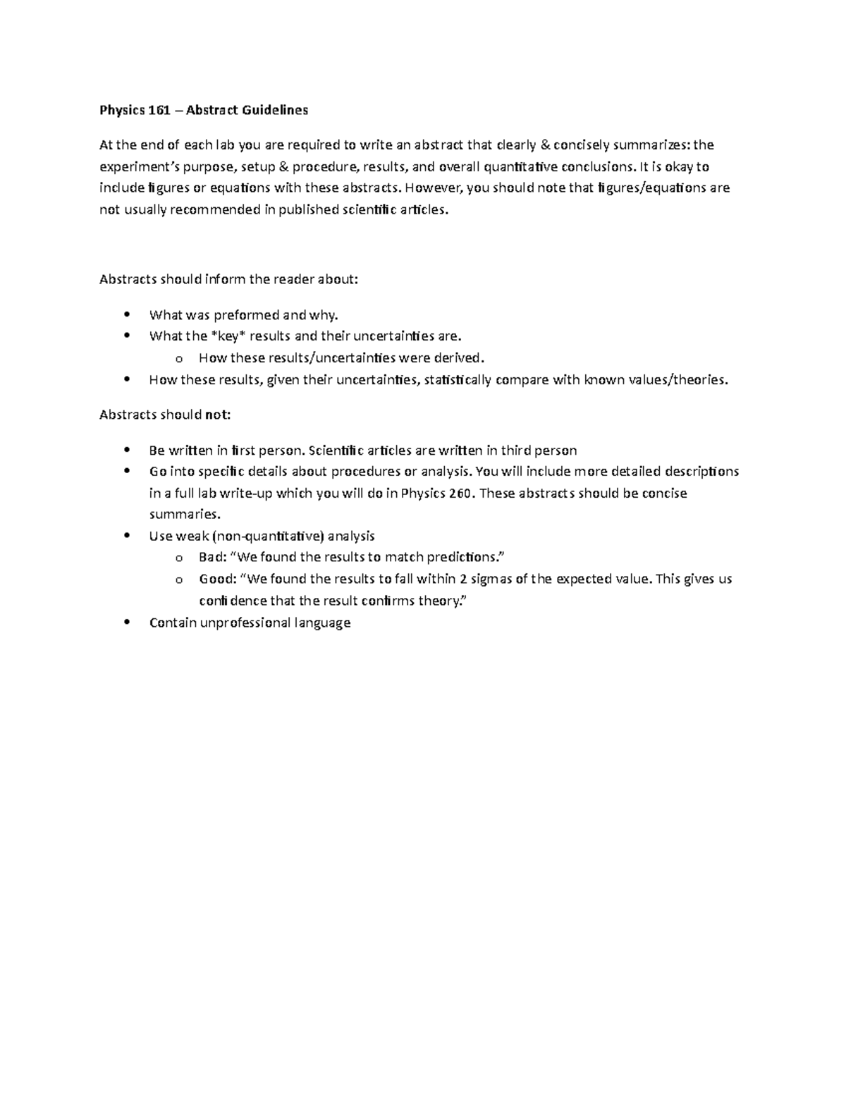 Physics 161 Lab Abstract Guidelines & Example for Students - Studocu