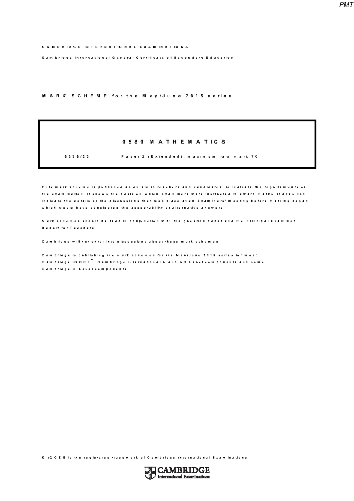 IGCSE 0580 Mathematics Paper 2 Mark Scheme - June 2015 - Studocu