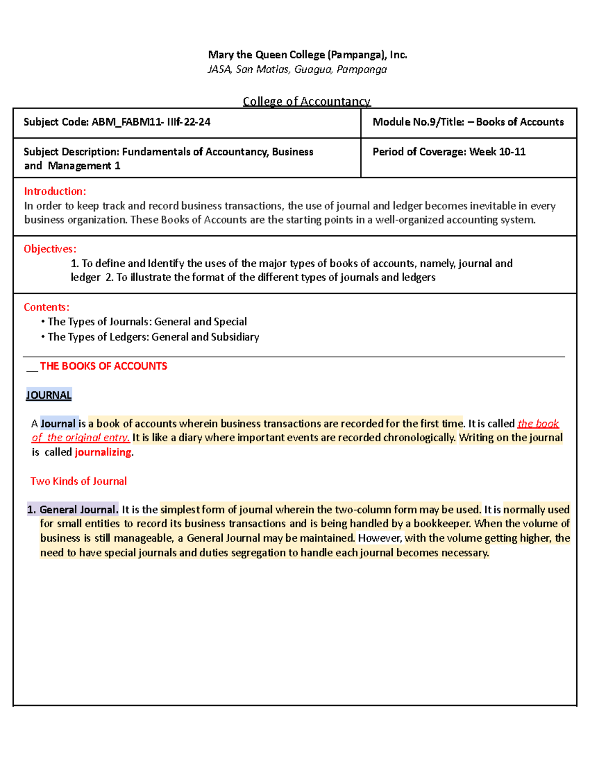 Module 9 ABM_FABM11 - Understanding Books of Accounts: Journals ...