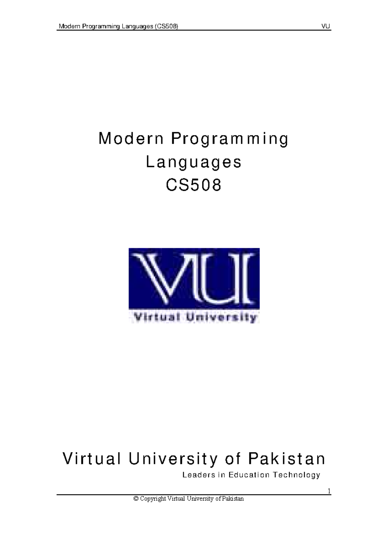 Modern Programming Languages Overview (CS508) VU Handout - Studocu