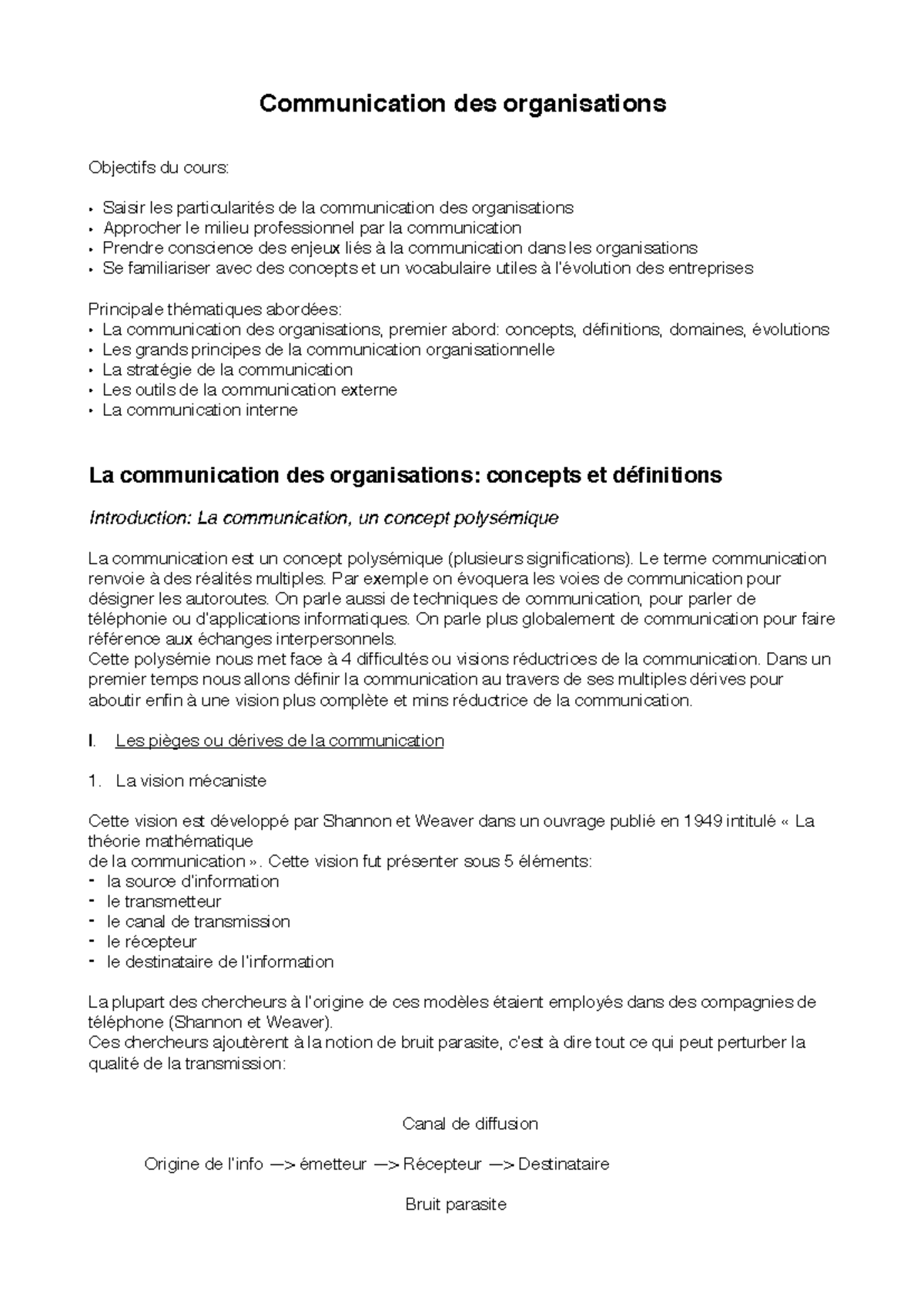 Thématique 1 : Concepts et Définitions de la Communication des ...