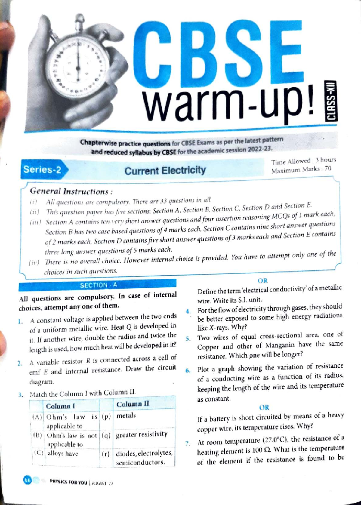 sCBSE Current Electricity Chapterwise Practice Questions for Exams ...