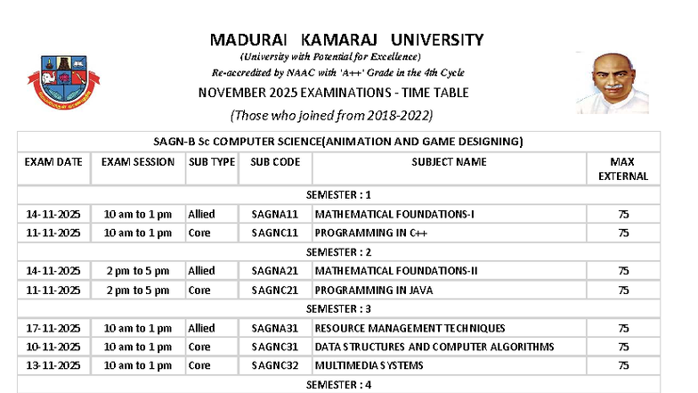 BSC Computer Science NOV 2025 Exam Timetable (All Semesters) - Studocu